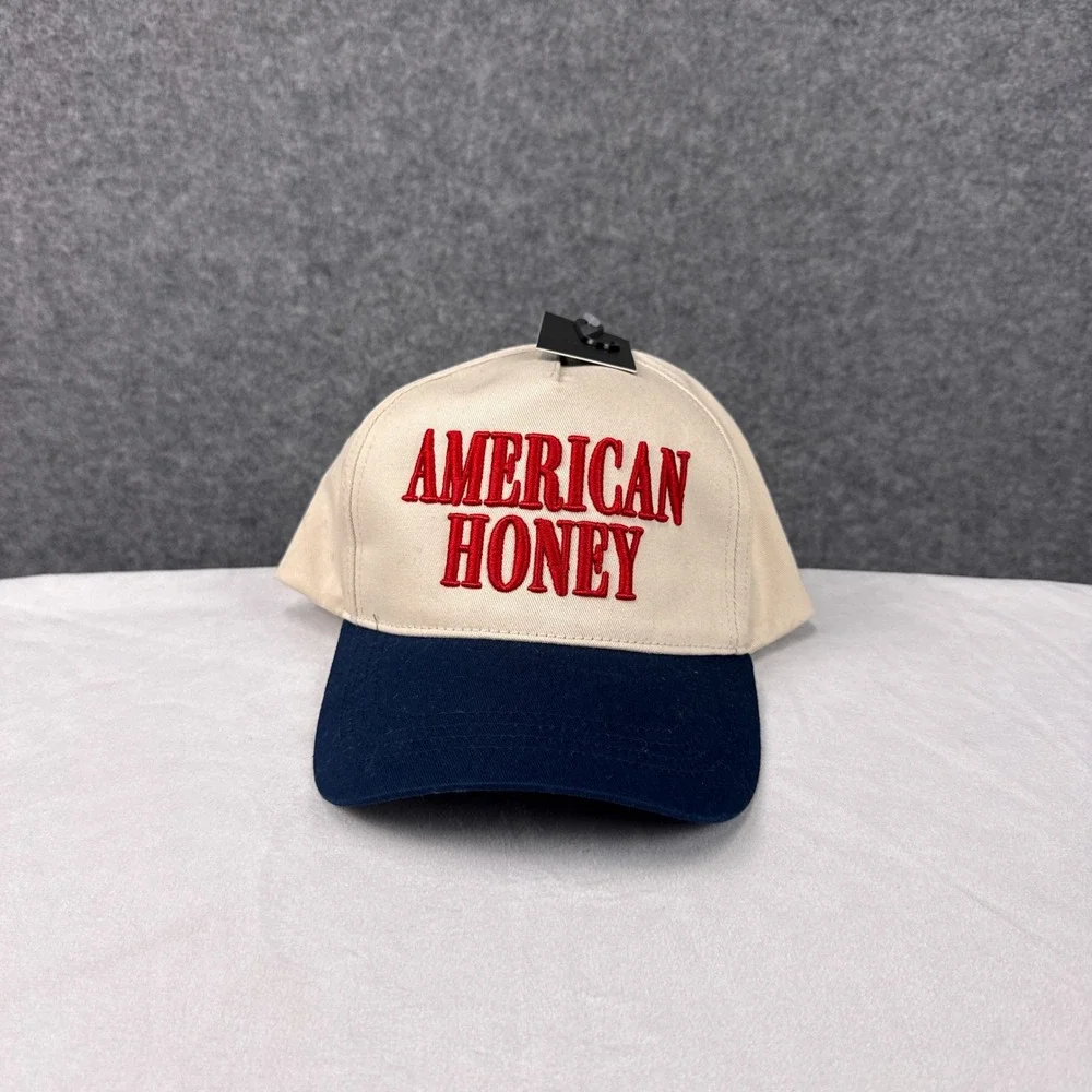 David and Young American Honey Trucker Hat OSFM Beige Navy Blue Cotton Snapback